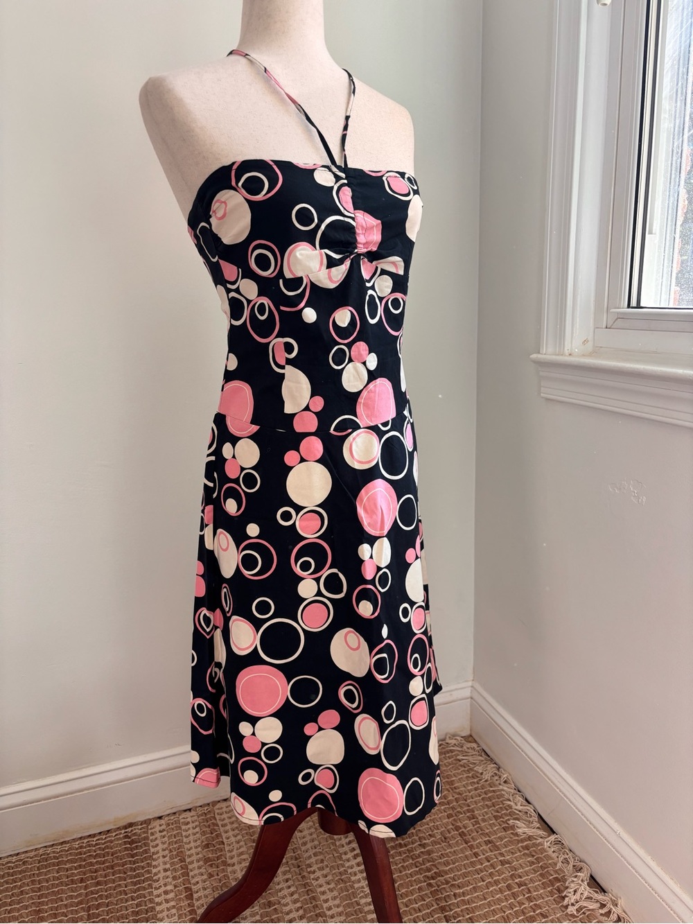 Charlotte Russe Y2K Halter Dress Pink Black Bubble Print Midi Size M Garden Tea